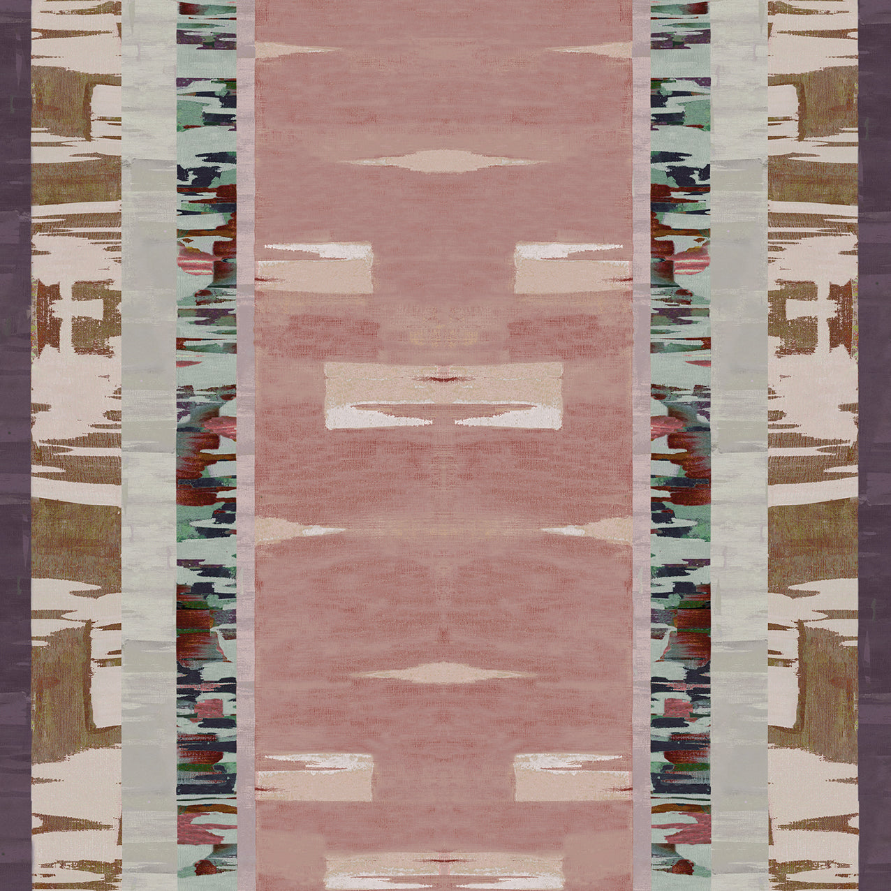 Printed fabric in an engineered stripe design with watercolor effects in shades of blush, plum, brown and aqua