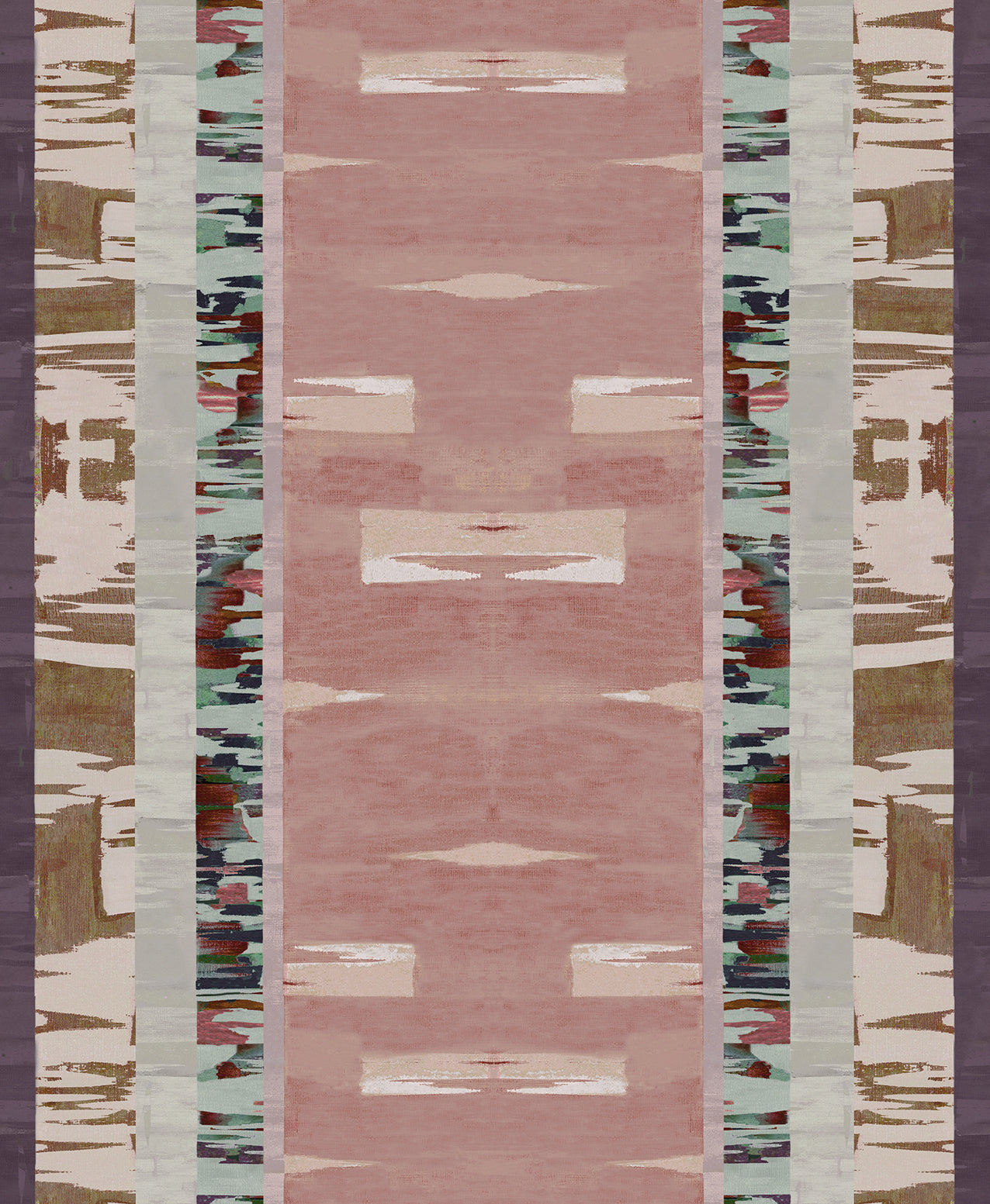 Printed fabric in an engineered stripe design with watercolor effects in shades of blush, plum, brown and aqua