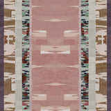 Printed fabric in an engineered stripe design with watercolor effects in shades of blush, plum, brown and aqua