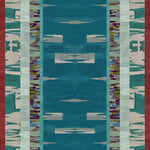 Printed fabric in an engineered stripe design with watercolor effects in shades of turquoise, beige, purple with a red border.