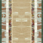 Printed fabric in an engineered stripe design with watercolor effects in shades of turquoise, beige and brown.