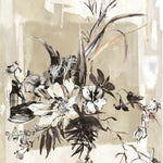 Bold watercolor floral mural in black and white on a sepia field 