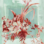 A bold watercolor floral mural in shades of red on a turquoise filed.