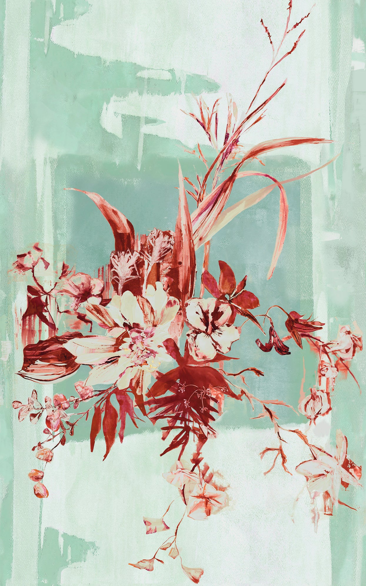 A bold watercolor floral mural in shades of red on a turquoise filed.
