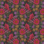 Scaled-out view of wallpaper in a large-scale floral print in pink, purple, orange and green.