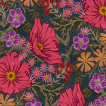 Detail of wallpaper in a large-scale floral print in pink, purple, orange and green.