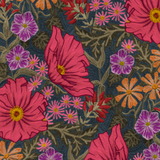 Detail of wallpaper in a large-scale floral print in pink, purple, orange and green.