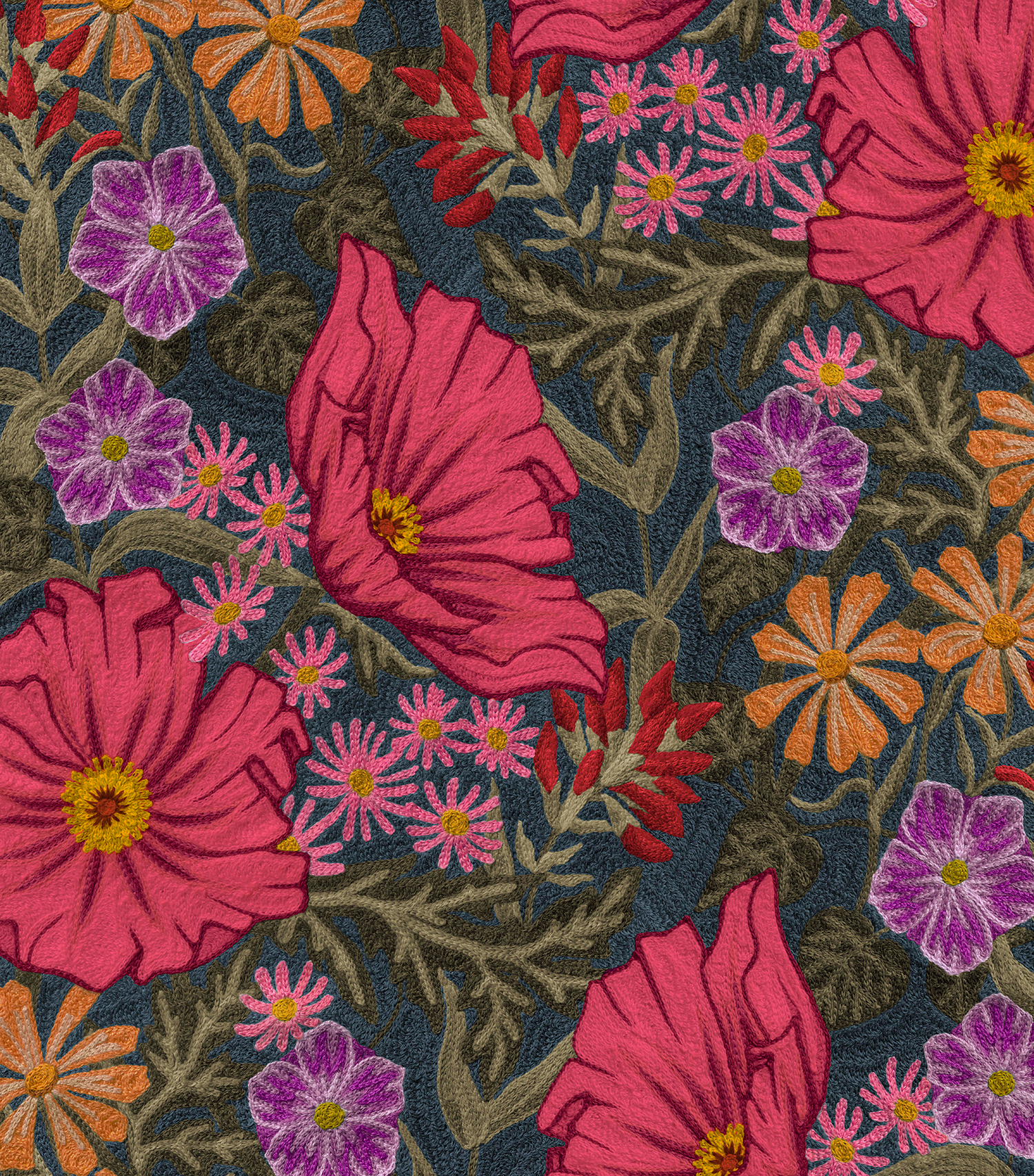 Detail of wallpaper in a large-scale floral print in pink, purple, orange and green.