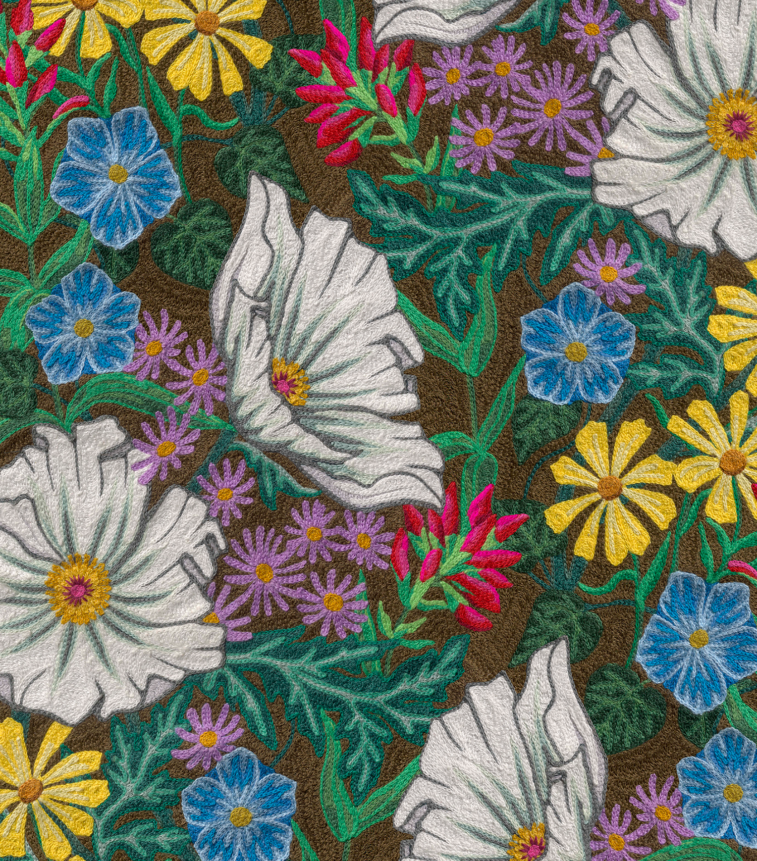 Detail of fabric in a large-scale floral print in a rainbow of colors on a brown field.