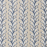 Fabric swatch with a horizontal striped pattern of curved branches topped with tiny fruits, in shades of tan, slate and white.