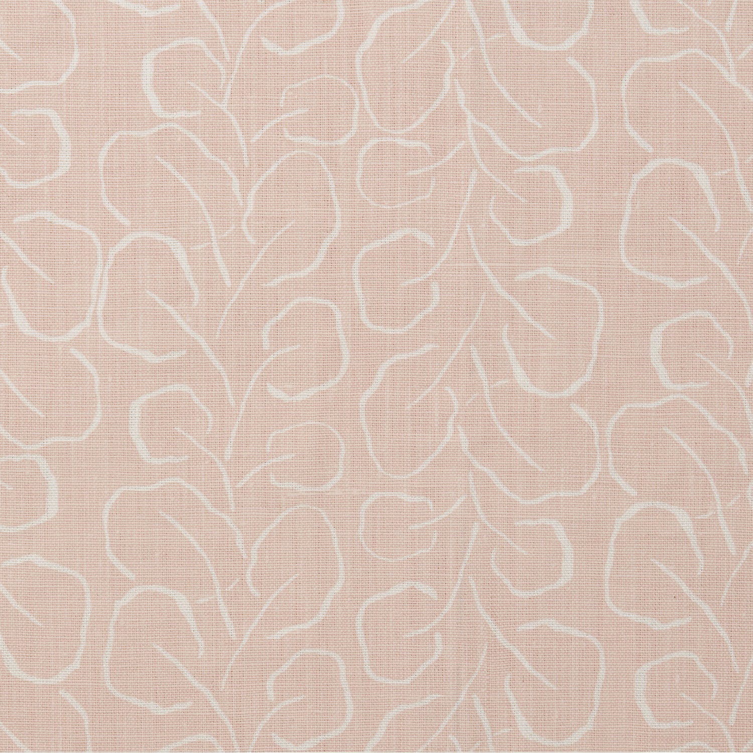 Woven fabric swatch with a large-scale repeating leaf print in white on a light pink background.