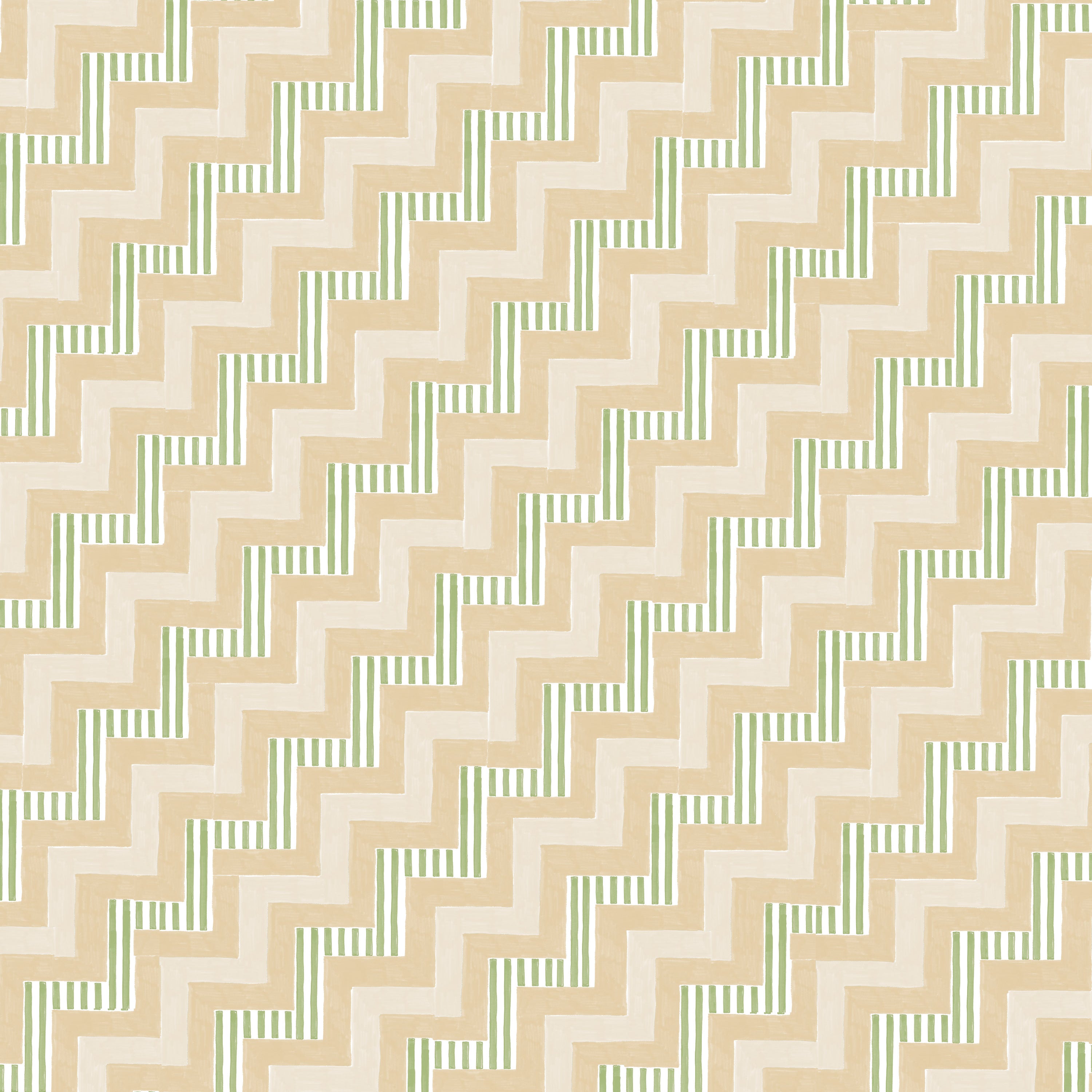 Detail of wallpaper in a playful zigzag stripe print in shades of pink, beige and green.