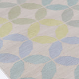 Detail of Alhambra Rug in Mint featuring a pattern of linked circles that create a star like lattice in a range of pastel turquoise, mint, yellow and lime green on a soft beige field. 