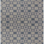 Full size Alhambra Rug in Seafret featuring pattern of linked circles that create a star like lattice in a range of pale blues, with a light green accent on a soft white field. 