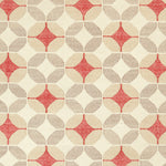 Detail of Alhambra Rug in Tomato featuring pattern of linked circles that create a star like lattice in a range of tan, beige, ecru and bright red on a soft white field. 