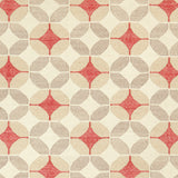 Detail of Alhambra Rug in Tomato featuring pattern of linked circles that create a star like lattice in a range of tan, beige, ecru and bright red on a soft white field. 