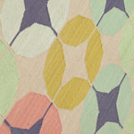 Detail of Alhambra Rug in Venetia featuring pattern of linked circles that create a star like lattice in a range of coral, mustard tyellow, seafoam green, pale green and royal purple accents on a tan field. 