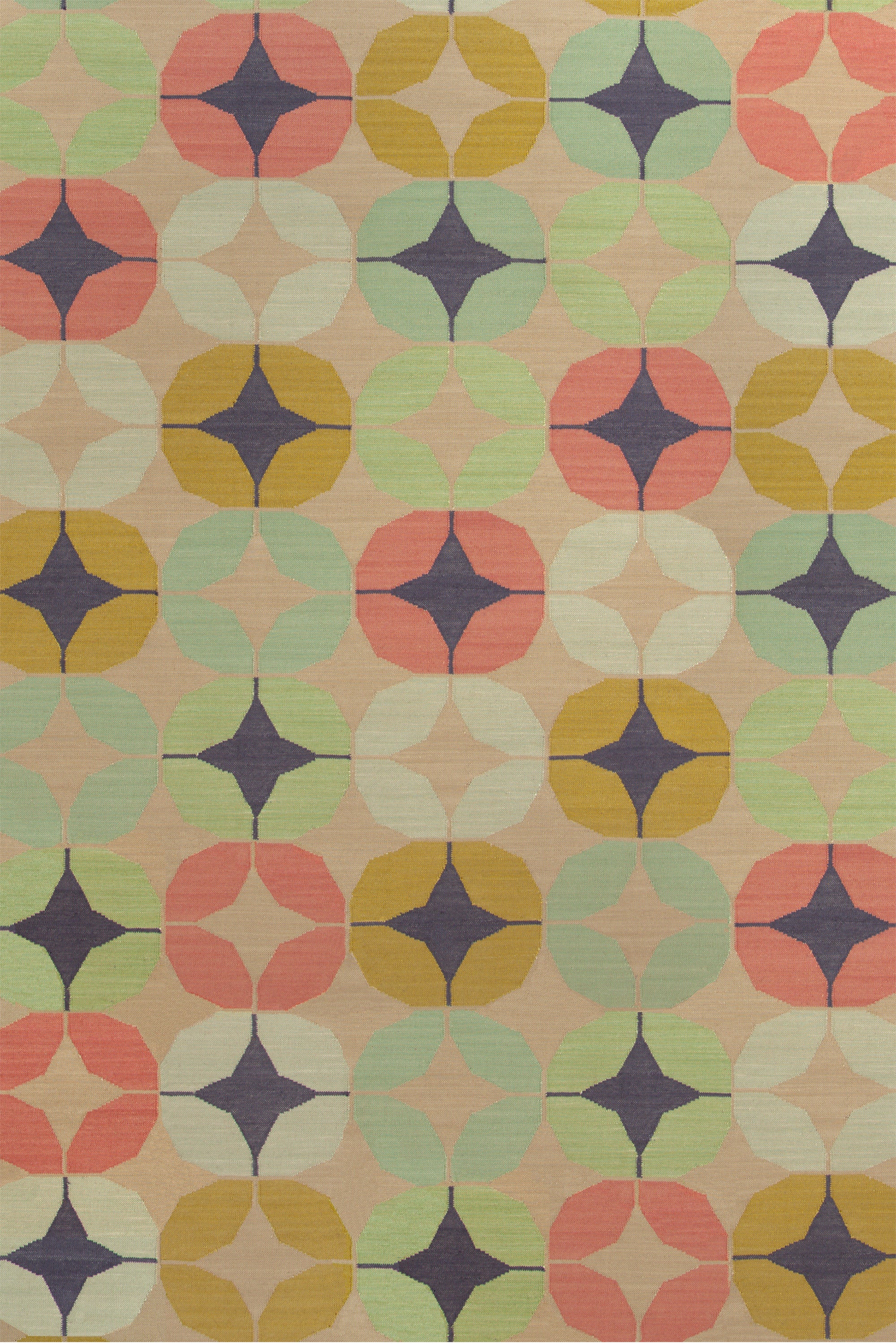 Rug swatch featuring a circle and star lattice pattern in coral, mustard yellow, seafoam green, pale green and royal purple accents on a tan field. 