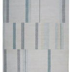 Full size Amelia Rug in Pearl featuring a minimalist broken stripe pattern, overlayed with thin white diagonal lines. The broken stripes are a mix of pale blues, grey, and turquoise with slate grey accents, all on a pale grey field. 