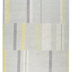 Full size Amelia Rug in Peridot featuring a minimalist broken stripe pattern, overlayed with thin white diagonal lines. The broken stripes are a mix of white, grey, and shades of yellow with kelly green accents, all on a light grey field. 