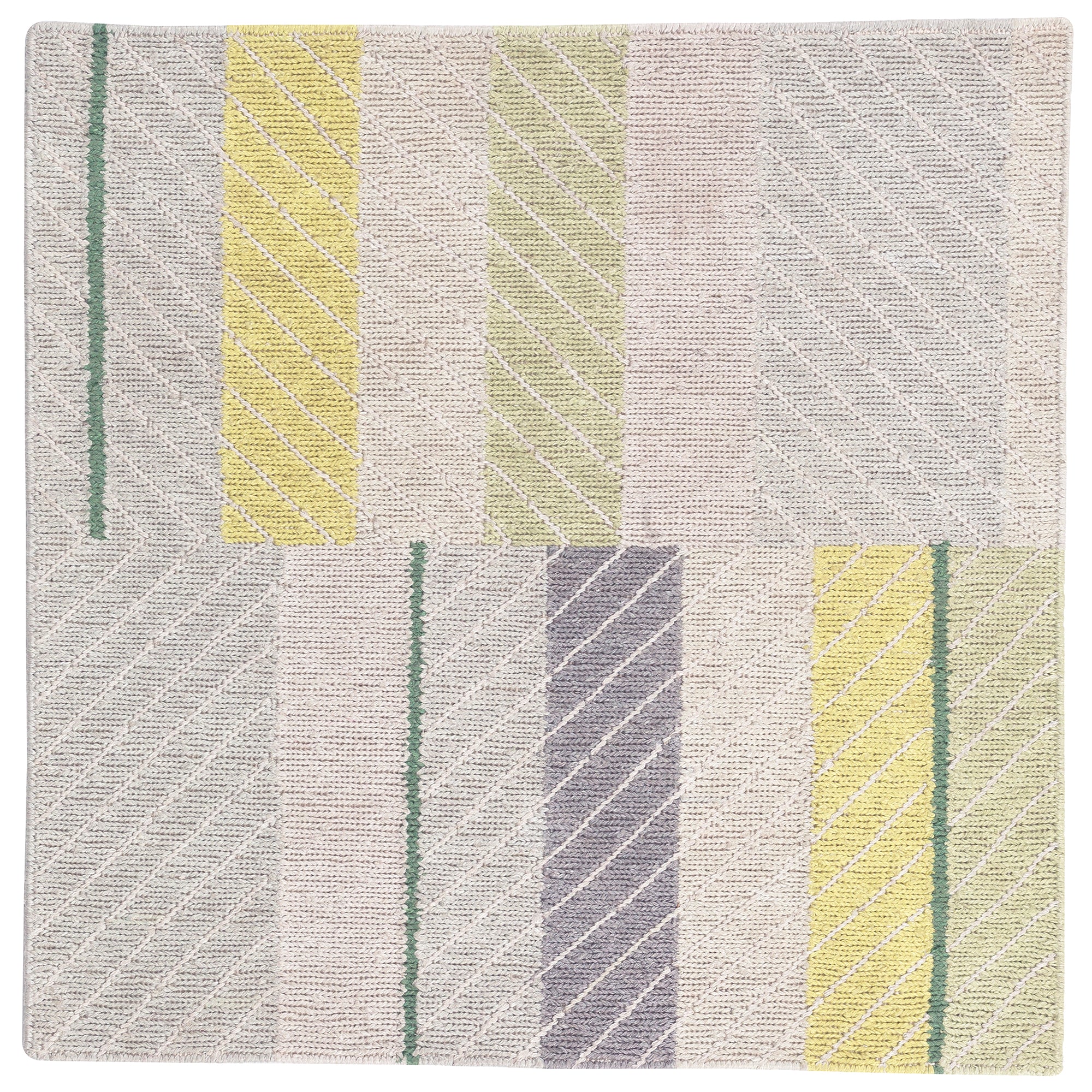 Detail of the Amelia Rug in Peridot featuring a minimalist broken stripe pattern, overlayed with thin white diagonal lines. The broken stripes are a mix of white, grey, and shades of yellow with kelly green accents, all on a light grey field. 