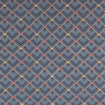 The Arrow Rug in Indigo-Coral features a dense pattern of nesting arrow shapes in shades of blue with accents of coral and yellow on a light brown field