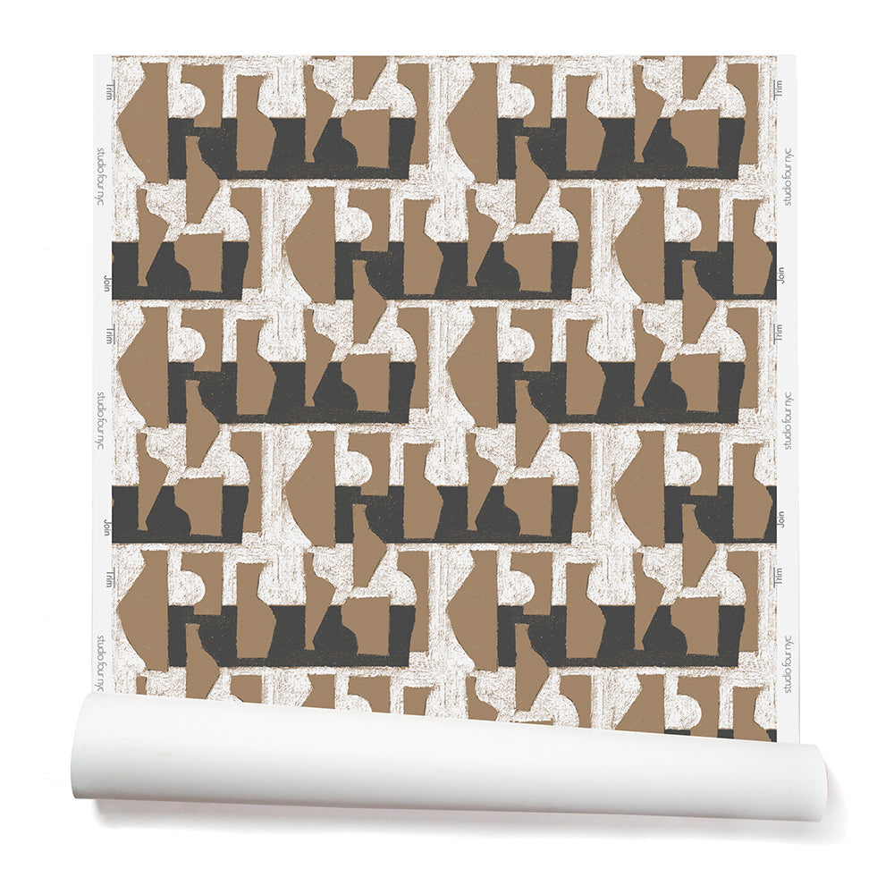 A wallpaper roll with a pattern of brown geometric vessel shapes over a white background with charcoal grey horizontal stripes.