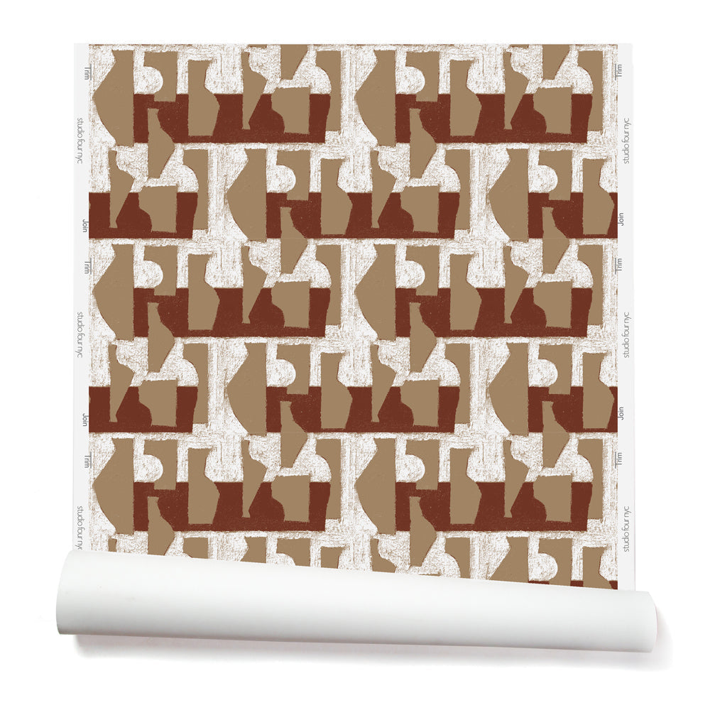 Wallpaper roll with a pattern of warm taupe geometric vessel shapes over a white background with brick red horizontal stripes.