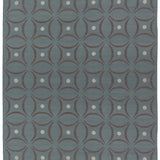 Full size Boe rug in Argento, featuring a pattern of curved segments in grey with white circles on a blue field. 