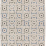 Full size Boe rug in Genoa, featuring a pattern of curved segments in light blue and sage green with taupe circles on an ivory field. 