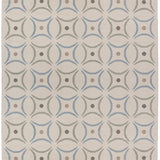 Full size Boe rug in Genoa, featuring a pattern of curved segments in light blue and sage green with taupe circles on an ivory field. 