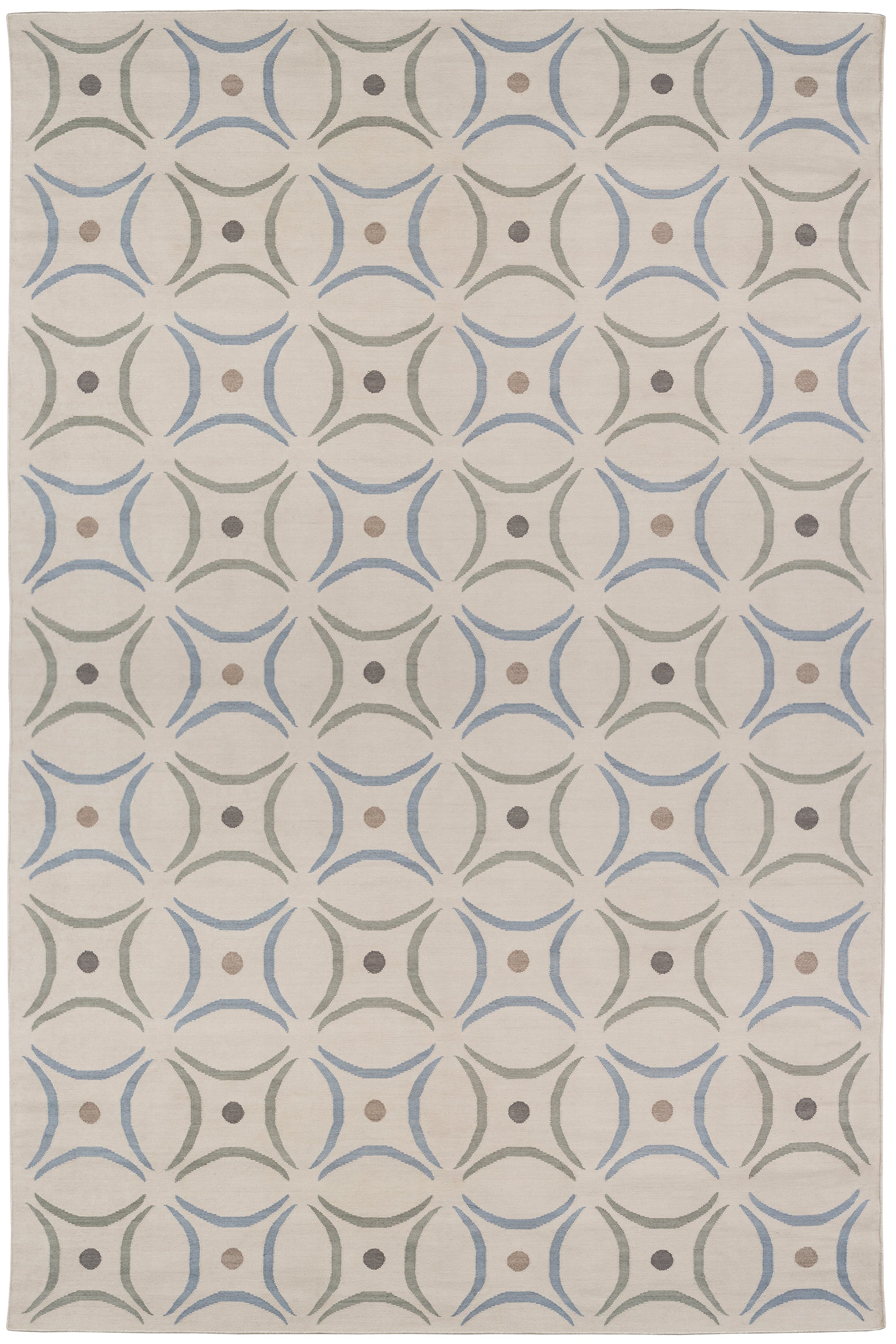 Full size Boe rug in Genoa, featuring a pattern of curved segments in light blue and sage green with taupe circles on an ivory field. 