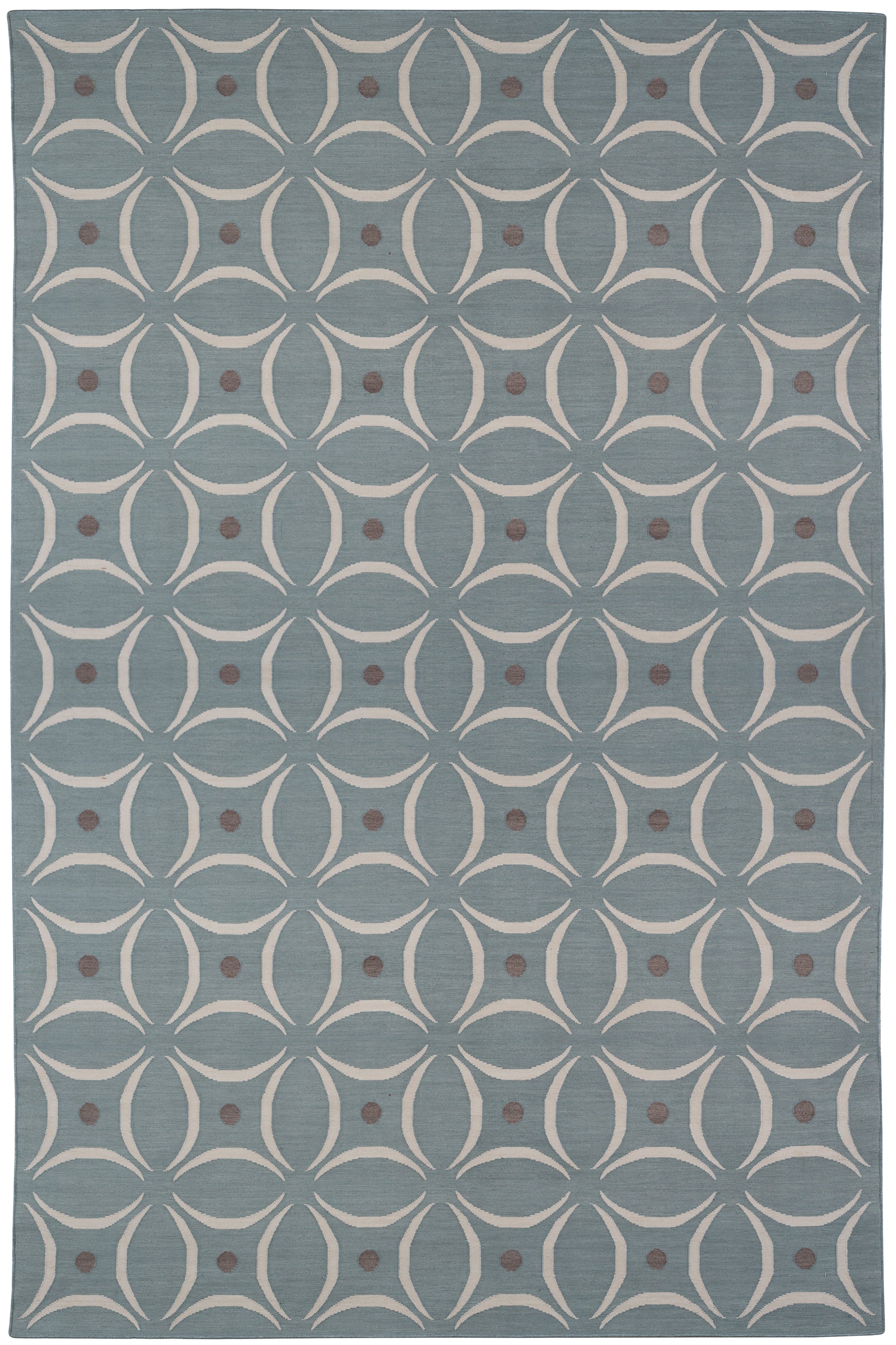 Full size Boe rug in Argento, featuring a pattern of white curved segments with taupe circles on a blue field. 