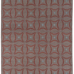 Full size Boe rug in Tivoli, featuring a pattern of crimsoncurved segments with light blue circles on a heather purple field. 