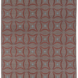 Full size Boe rug in Tivoli, featuring a pattern of crimsoncurved segments with light blue circles on a heather purple field. 