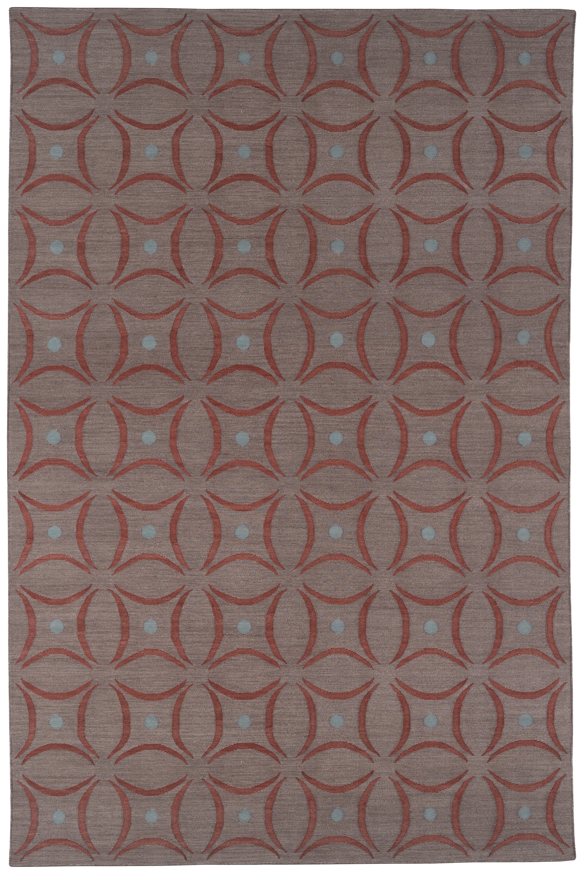 Full size Boe rug in Tivoli, featuring a pattern of crimsoncurved segments with light blue circles on a heather purple field. 