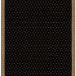 Full size Bucky Rug in jet-tan, features a wide taupe border with a black lattice field with a metallic sheen. 