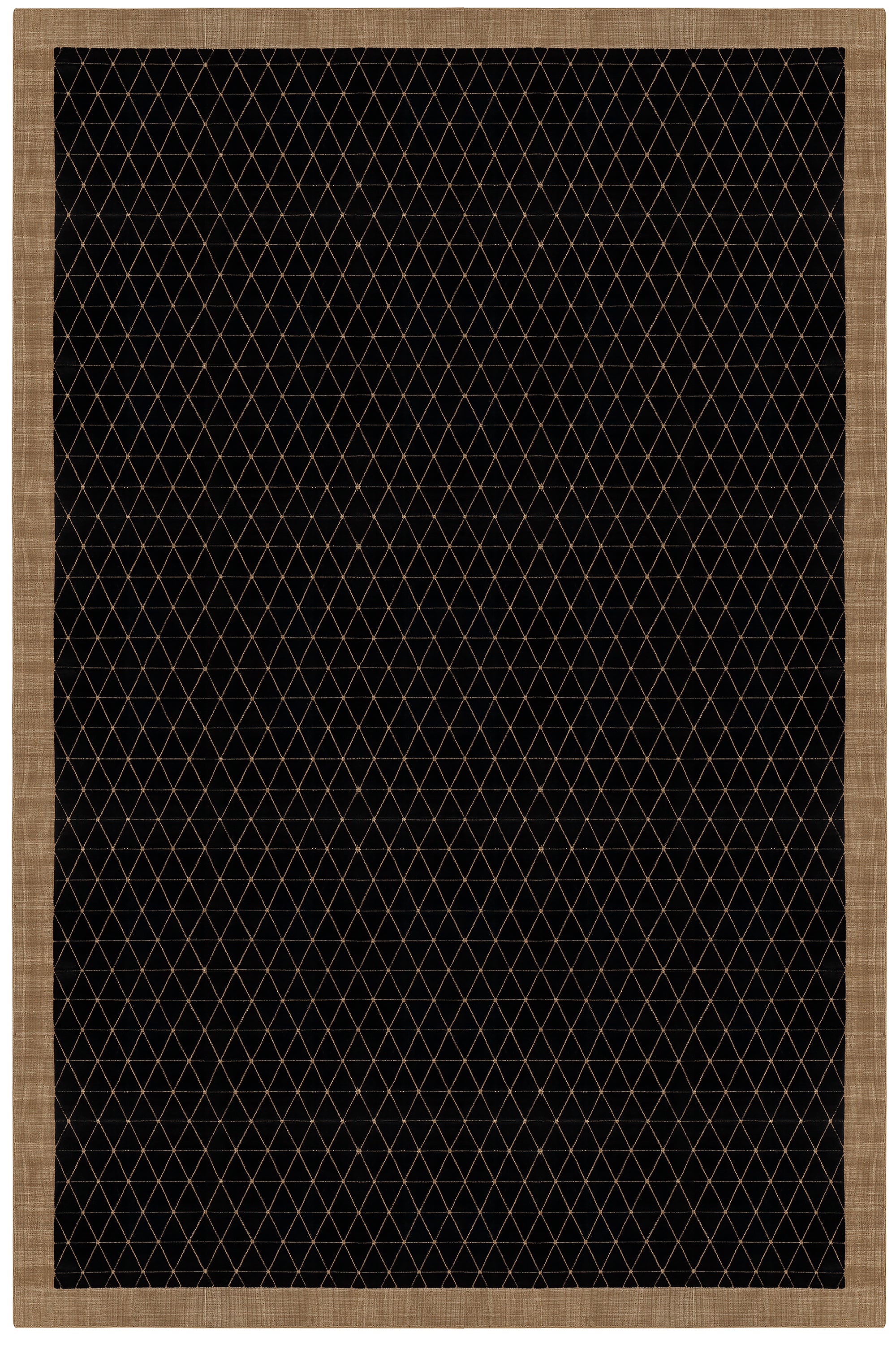 Full size Bucky Rug in jet-tan, features a wide taupe border with a black lattice field with a metallic sheen. 