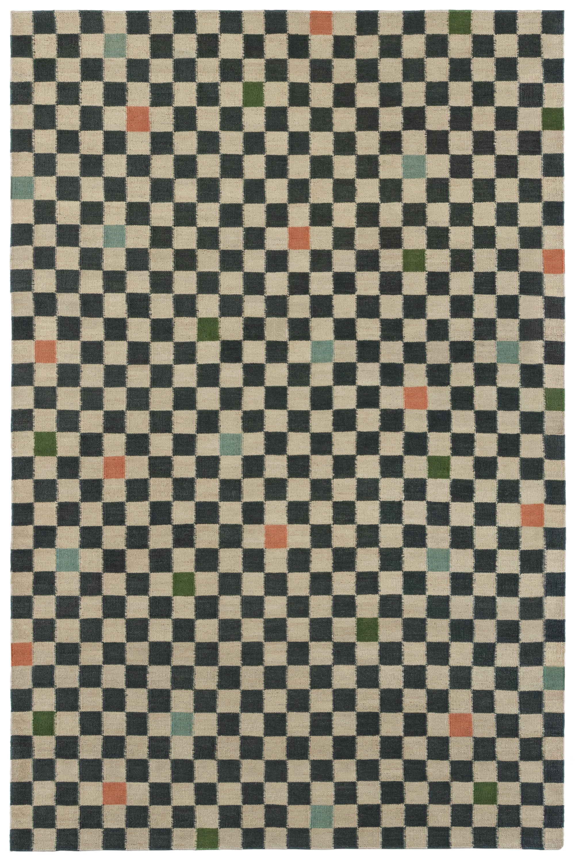 Detail of the Checkerboard Rug in King, a black and tan checkered pattern with random accents of green, sky blue and coral orange. 