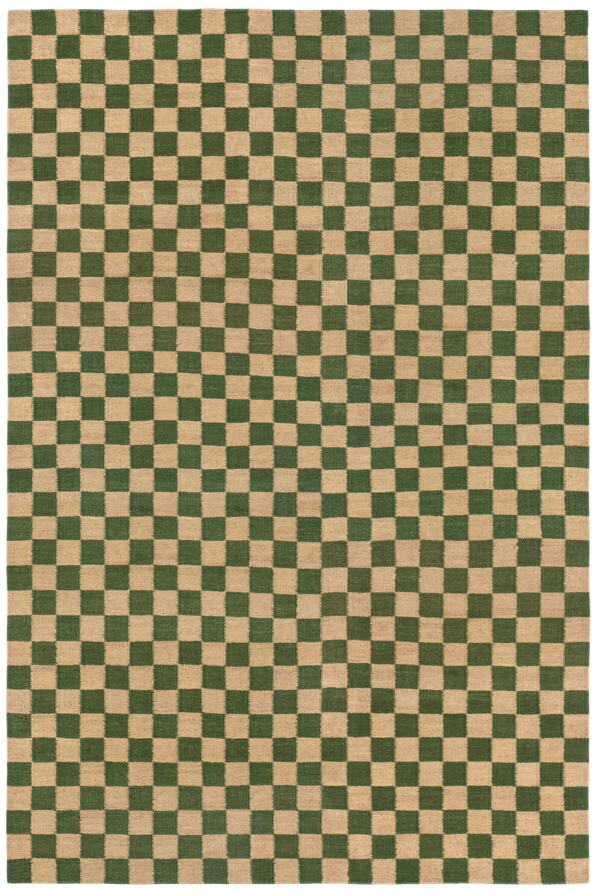Detail of the Checkerboard Rug in Pawn, a green and tan checkered pattern. 