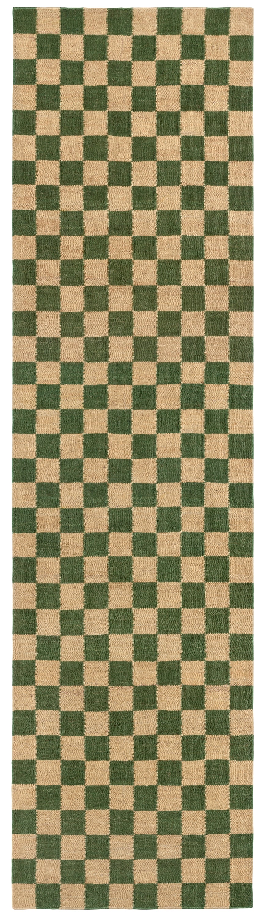 Detail of the Checkerboard Rug in Pawn, a green and tan checkered pattern. 