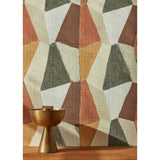 Detail swatch of a wallpaper pattern with mixed three dimensional diamond forms with black, white, beige, dark rust red, warm orange and ochre yellow on a textured paper, hover