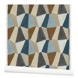 Wallpaper roll with mixed three dimensional diamond forms with black, white, beige, chocolate brown, sky blue and petrol blue on a textured paper.