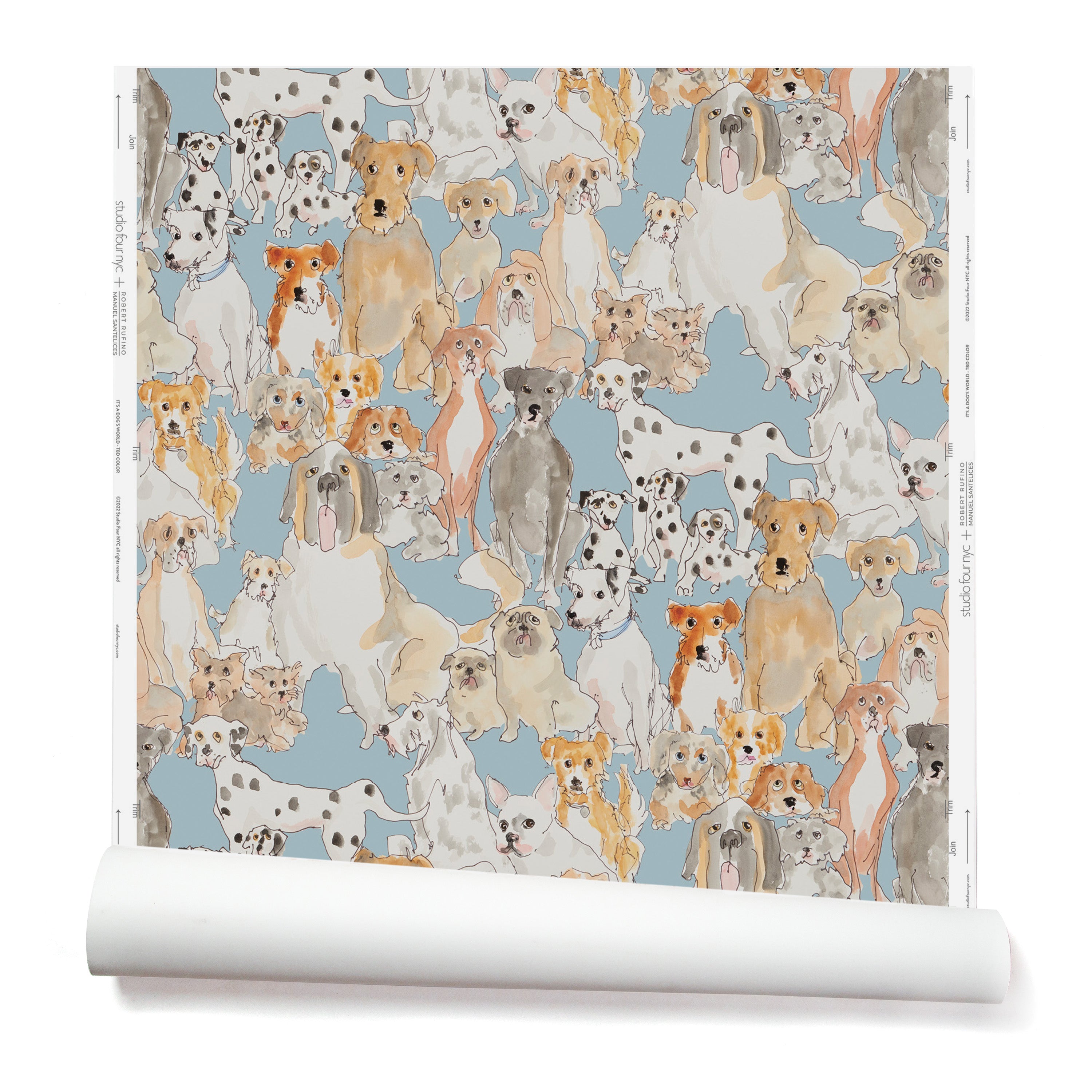 Partially unrolled wallpaper with a pattern of many different types of illustrated watercolor dogs. Background is light blue.