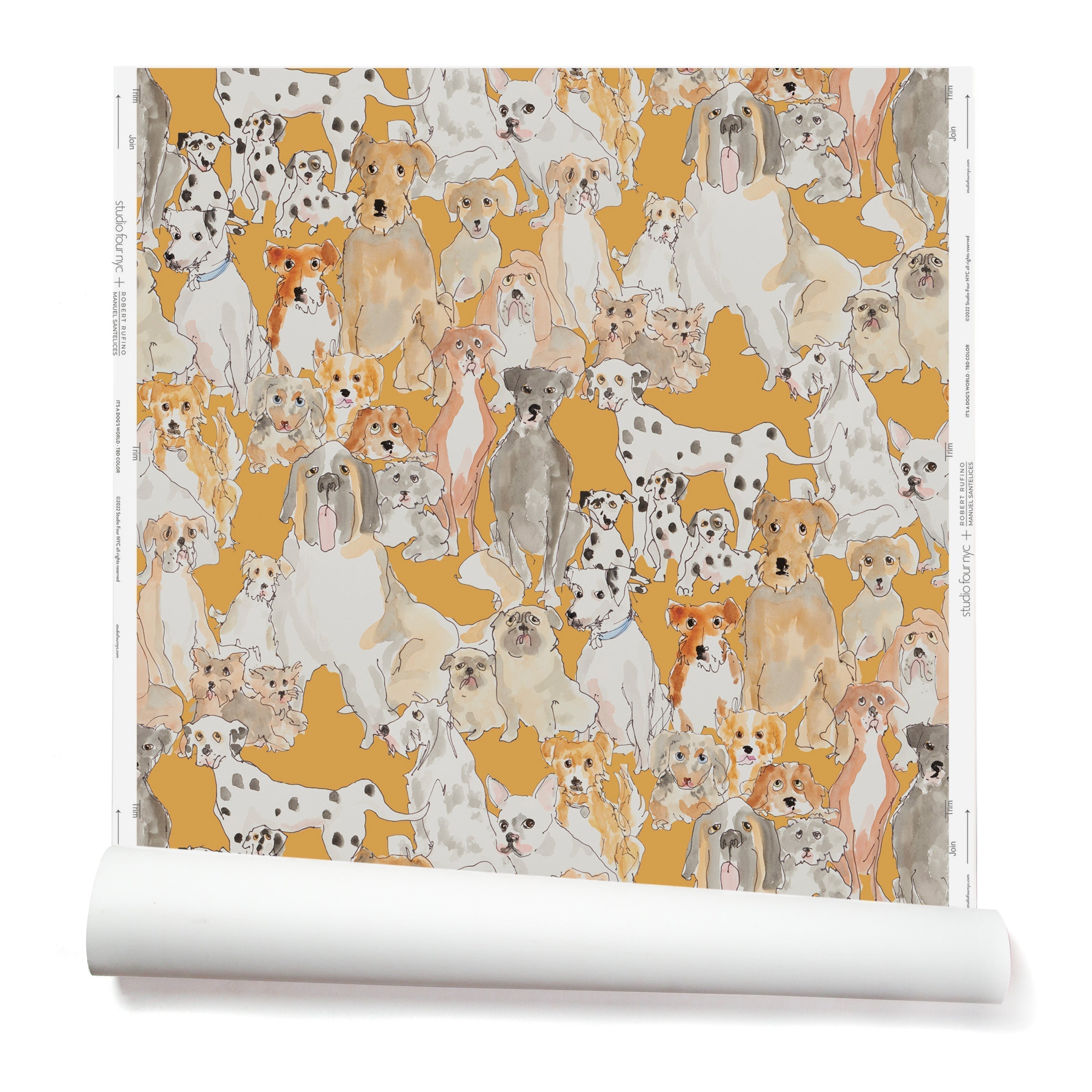 Partially unrolled wallpaper with a pattern of many different types of illustrated watercolor dogs. Background is mustard.