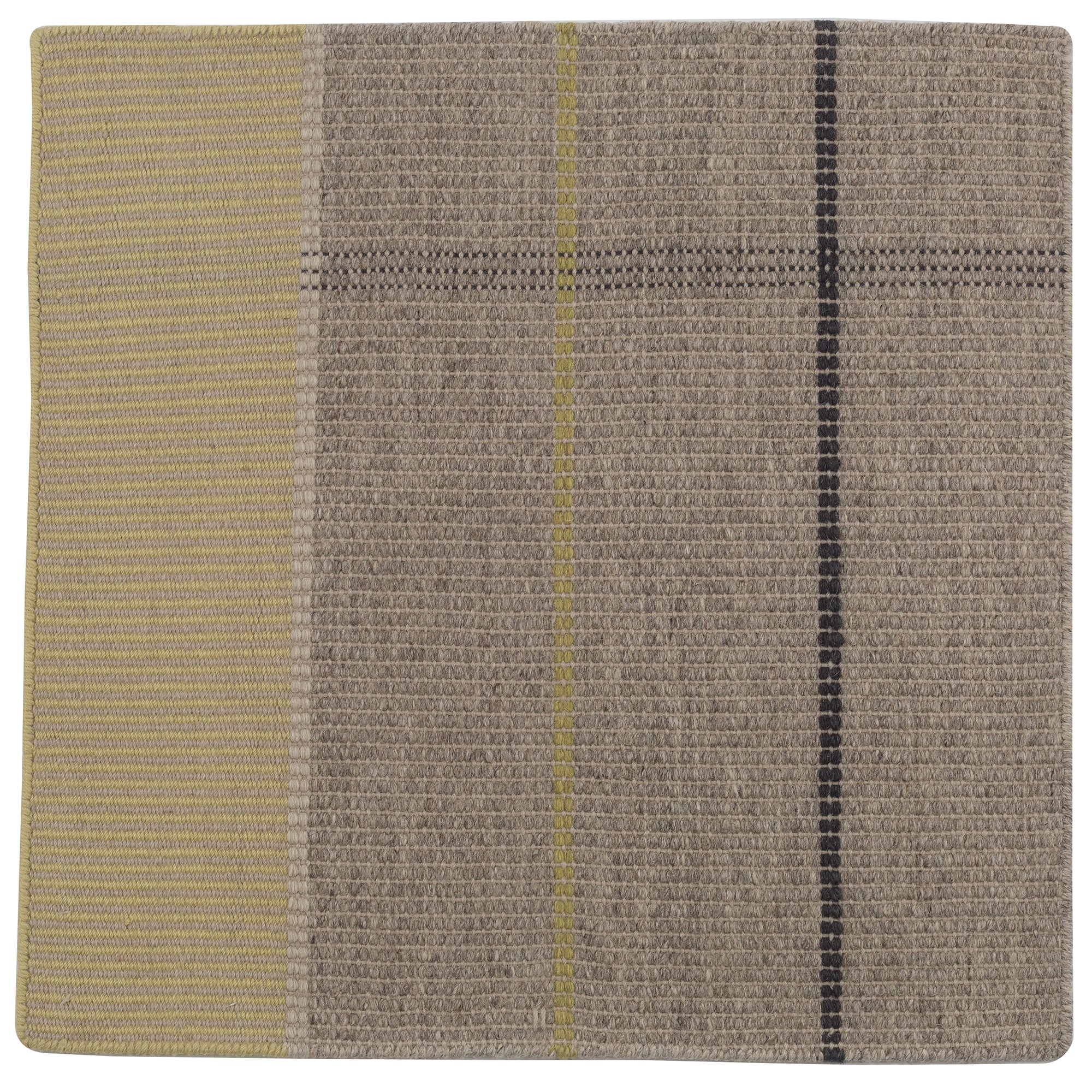 Detail of the Jasper Waffle Rug in Peridot, a large scale plaid pattern of ecru, yellow, grey and off white. 