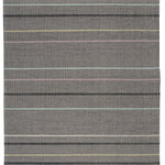 Full size Jasper Waffle Rug in Jet, widely spaced thin stripes of yellow, pink, black, acqua and white on a grey field. 