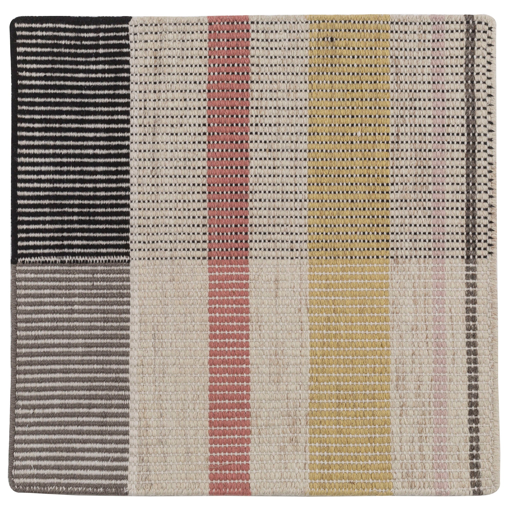 Detail of the Jasper Waffle Rug in Red Fossile, widely spaced stripes of yellow, pink, red, white and black on a split light grey fand ivory field. 