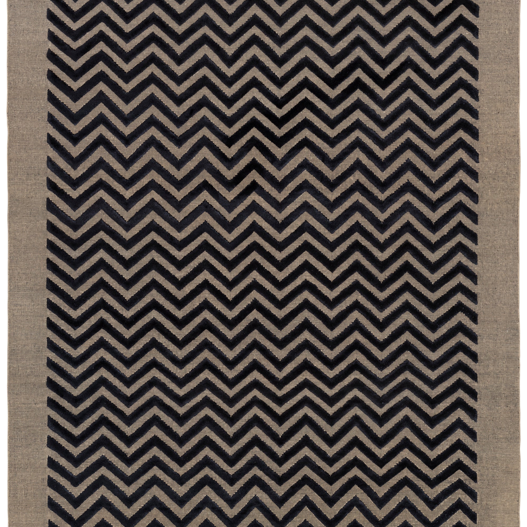Full size Penta Chevron Rug in Jet, a black chevron pattern on a taupe field with a wide solid border. 