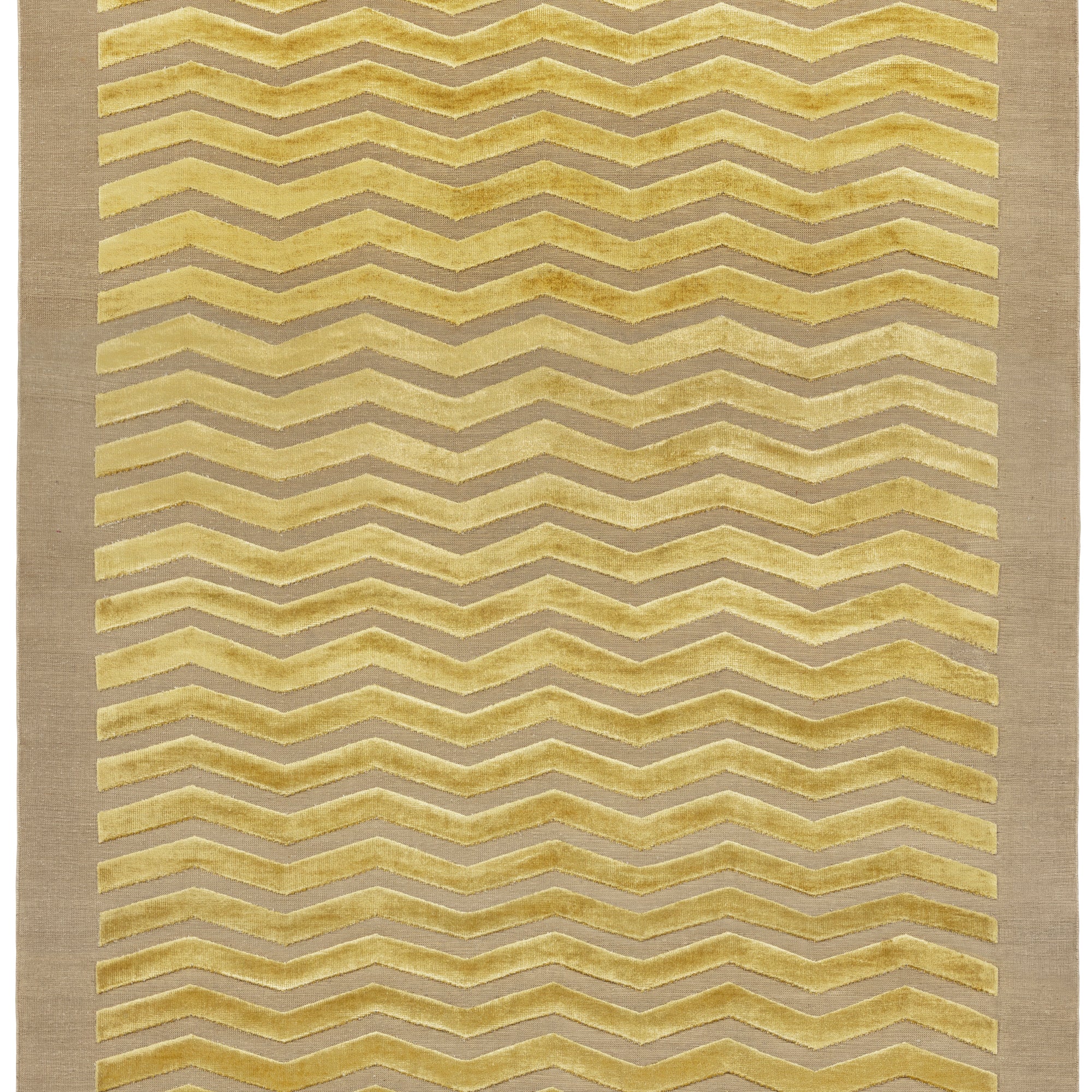 Full size Penta Chevron Rug in Lemon Topaz a lemon yellow chevron pattern on a taupe field with a wide solid border. 